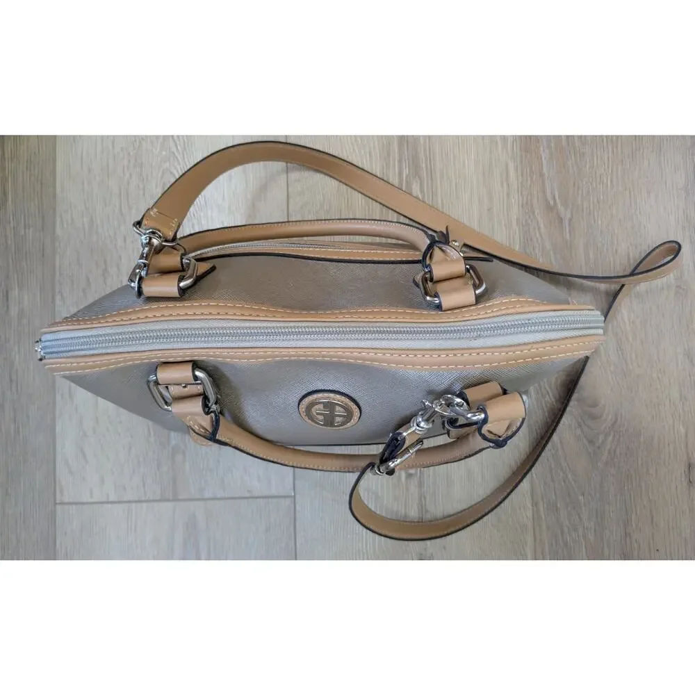 Giani Bernini Crossbody Satchel Bag Champagne Gold / Beige Tan Trim Convertible